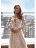 Long Sheer Sleeves Lace Tulle V Back Garden Wedding Dress